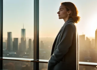 Self Esteem Improvement; Start Now Before It Is Too Late Confident person by panoramic window overlooking sunlit city skyline embracing self-worth