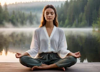 Self Improvement Advice: Meditation Person practicing seated meditation on wooden dock by calm misty lake at sunrise