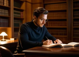 Aim for Success Mentality Focused professional writing in journal at wooden desk developing strategic goals