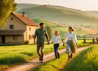 A Great Outlook in Life Peaceful rolling countryside and rustic farm landscape bathed in golden morning light