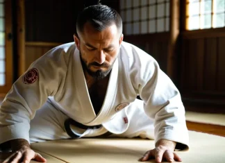 Make Your Weakness a Strength Young martial artist in clean white gi on tatami mat showing calm discipline and resilience