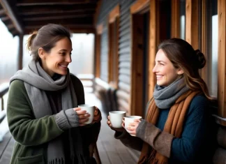 Never Judge and Always Appreciate Two friends sharing warm tea and sincere conversation on rustic porch showing kindness and appreciation