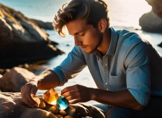 See the Goodness in Others Polished radiant gemstones discovered inside rustic canvas pouch glowing in sunlit sea cave
