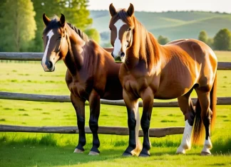We are Not Perfect Two gentle horses standing together companionably in sunny rural meadow pasture