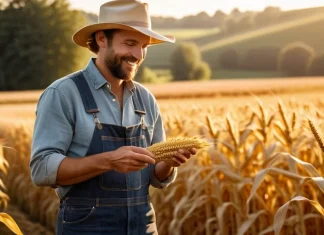 Help Your Neighbors and You Will Live Wealthy Smiling farmer sharing golden corn seeds with neighbor in sunlit agricultural field
