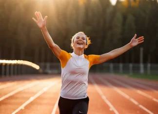 A Piece Of True Love Adaptive athlete celebrating joyful achievement on running track during sunlit athletic competition
