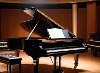 You are Stronger Than You Think Elegant grand piano on warm concert stage with open sheet music bathed in golden light