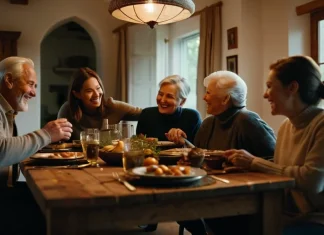 Healthy Family Relationships Loving multi-generational family gathered around wooden dinner table enjoying heartfelt meal