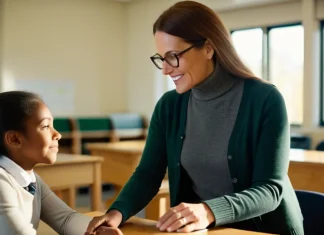 Make A Difference In Someone’s Life Caring teacher offering warm encouragement to student at desk in sunlit modern classroom