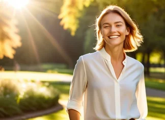 There’s no better time to be happy than right now! Cheerful person smiling with natural joy while walking through sunlit flowering park