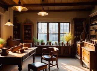 Opportunity knocks only once Sunlit vintage artisan workshop with classic handcrafted wooden furniture and nostalgic charm