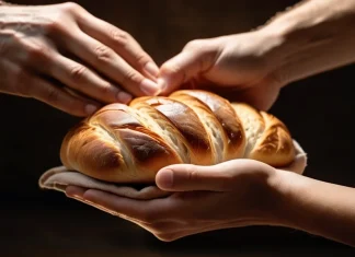 Give and you shall receive Gentle hands offering warm loaf of bread wrapped in cloth representing kindness and charity