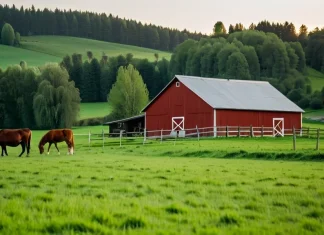 Show Compassion and Will to Help Others Tranquil pastoral farm with rustic barn and animals grazing in green meadow under morning sun