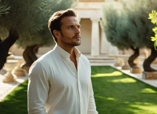 Power Of The Tongue Classical marble architecture and serene courtyard with olive trees symbolizing wise philosophy