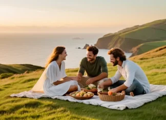 How To Become Rich Happy family sharing simple sunset picnic on coastal hilltop enjoying true wealth of connection