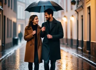 Be kind to one another Two compassionate friends sharing umbrella on rainy street showing kindness