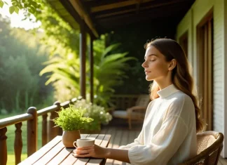 Live One Day at a Time Person enjoying peaceful morning on porch embracing present moment