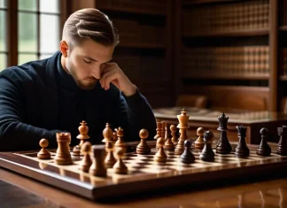 Know Your Enemy-Know Yourself! Thoughtful strategist contemplating chess board in sunlit library