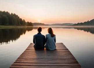 My True Friend Two lifelong friends sitting together on wooden dock by serene sunset lake