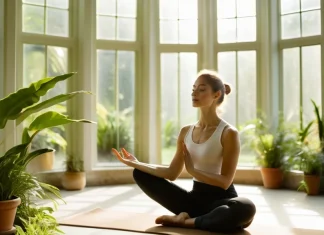 How to achieve happiness Person stretching peacefully in bright glasshouse embracing inner calm