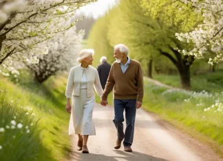 The true “love” means Elderly couple walking hand in hand down blossoming country lane