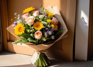 His presence in his flowers delivery Fresh bouquet of colorful flowers on sunny doorstep with handwritten note
