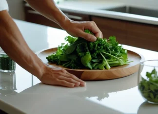 Foods that need to be avoided Clean kitchen counter featuring wholesome fresh greens and natural foods
