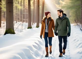 Holiday Health Tips Couple enjoying brisk refreshing walk along scenic winter trail