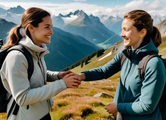 T.R.A.V.E.L. for a better friendship Three friends with backpacks admiring scenic mountain vista together