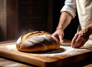 A Simple Bread That Can Full Your Tummy Daily Freshly baked golden artisanal loaf of bread on wooden board in bakery