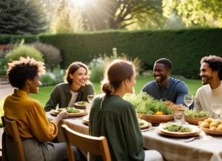 Who else cares about you? Supportive community group sharing meal together at sunlit garden table