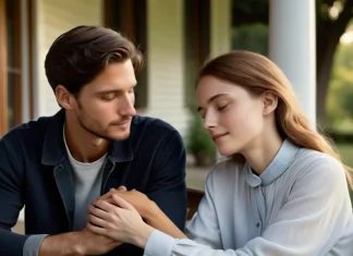 Wiping Out those Tears on your Eyes Compassionate friend offering comforting support to companion on porch