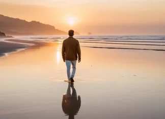 Wiping out those tears on your eyes Peaceful person walking along gentle morning beach finding solace