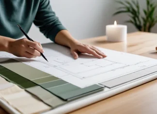 Creating Your Own Home Design Designer sketching home layout with architectural blueprints and samples
