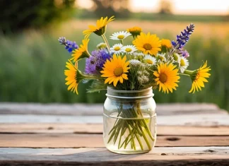 Cheap flowers, don’t under-estimate Vibrant bouquet of wildflowers in glass jar on rustic table in sunlight