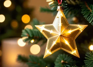 It wouldn’t be complete without a star Golden star topper shining atop illuminated festive tree in warm room