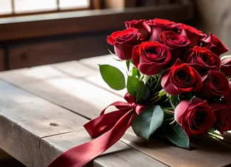 Roses for you my love Velvety red roses bouquet tied with ribbon on warm wooden table