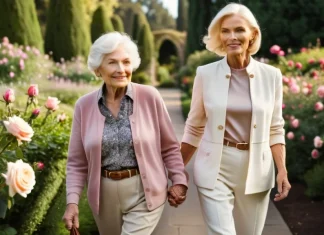 A mother’s love for her child until the end of her life Elderly mother and adult daughter walking together in blooming rose garden