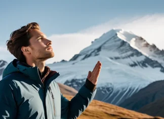 Your Potential Starts with Your Beliefs Person gazing up at majestic mountain peak with determination