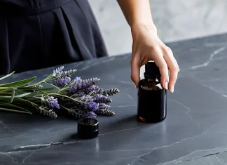 The Top 5 Benefits of Aromatherapy Amber essential oil bottle with fresh lavender and eucalyptus on slate