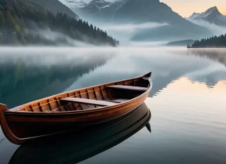 Leaving the Shore of Illusion Wooden rowboat on edge of calm misty mountain lake at sunrise