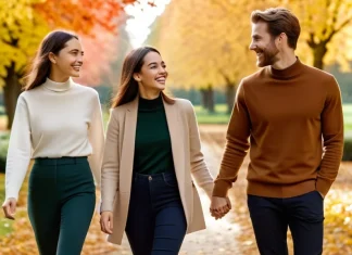 Brilliant Friendships Three friends walking and conversing happily in sunny autumn park