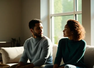 We say these relationships are our most difficult Two adults having a respectful constructive conversation in sunlit living room