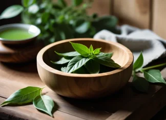 What are the Benefits of Kratom? Fresh green kratom leaves in wooden bowl with herbal tea on rustic table