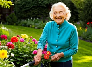 3 Lessons in Having Purpose from Those Who Live to 100 Smiling centenarian gardening happily among vibrant blooming flowers in sunshine