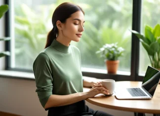 Addicted to Productivity:Getting Things Done? Here’s What to Do Professional taking relaxed mindful break with coffee by sunny office window