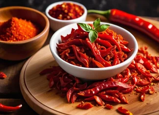 17 Health Benefits of Cayenne Pepper Fresh red cayenne peppers and crushed chili flakes on rustic cutting board