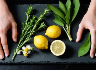 Top 6 Natural Remedies for Indigestion and Nausea Fresh ginger slices, peppermint, chamomile, and lemon on dark slate board