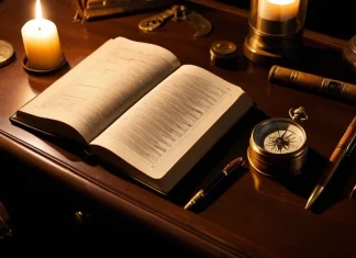 Finding Your Destiny Through Numerology Open leather journal with numerology numbers and brass compass by candlelight