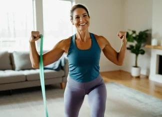 Tips for Moms to Stay Fit Smiling mother doing resistance band workout at home with toddler playing nearby